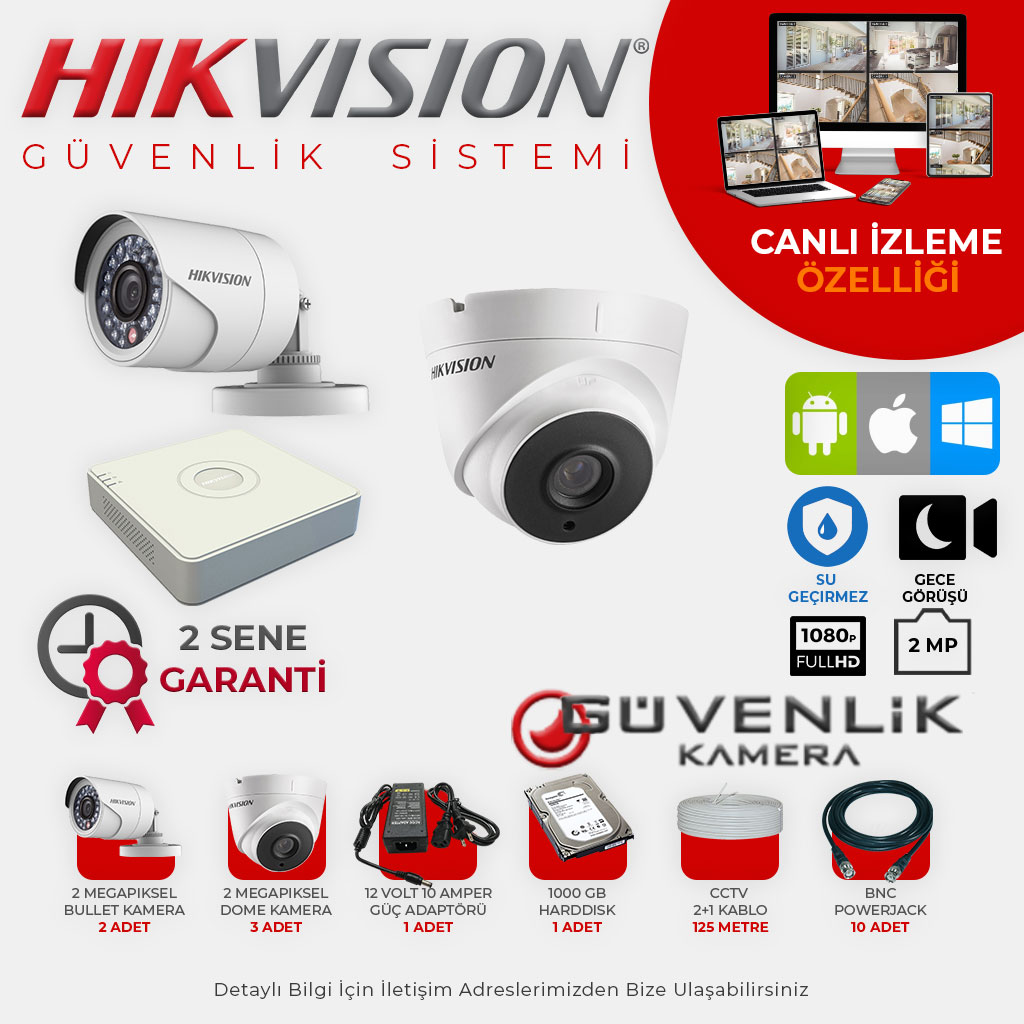 Hikvision 5 Kameralı 2 MP Gece Görüşlü AHD Güvenlik Kamerası Sistemi