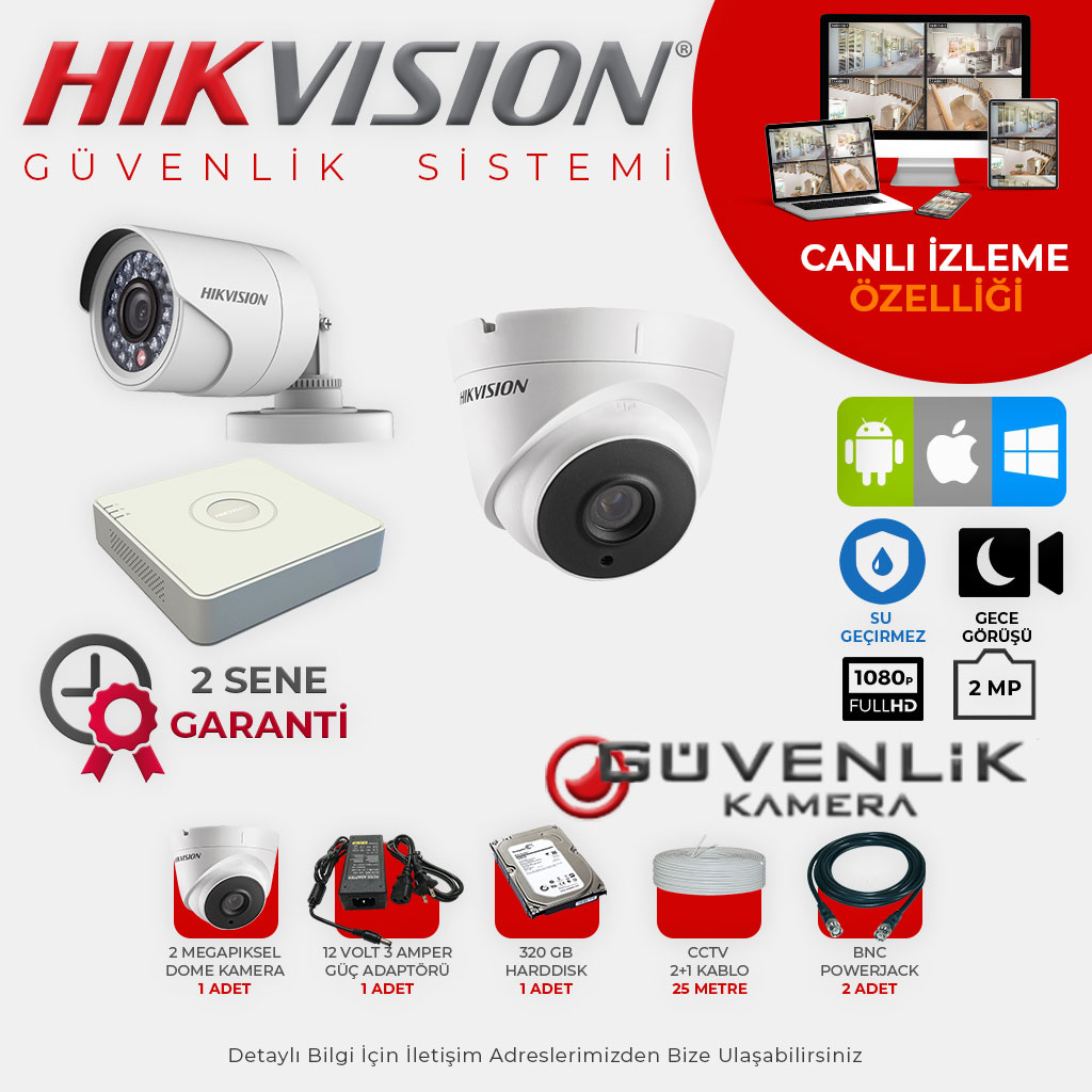 Hikvision 1 Kameralı 2 MP Gece Görüşlü AHD Güvenlik Kamerası Sistemi