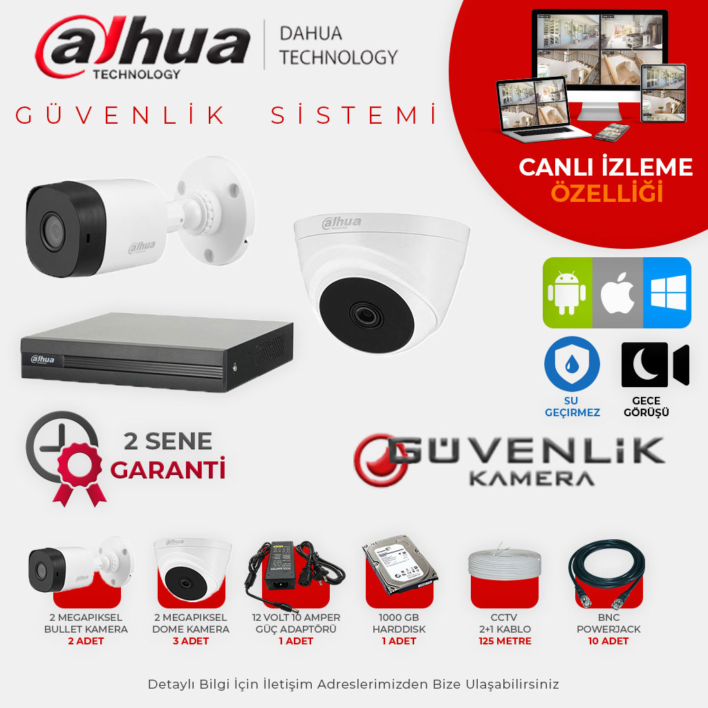 Dahua 5 Kameralı 2 MP Gece Görüşlü AHD Güvenlik Kamerası Sistemi