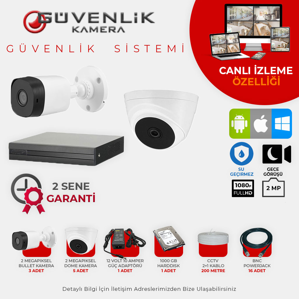 Oem 8 Kameralı 2 MP Gece Görüşlü AHD Güvenlik Kamerası Sistemi