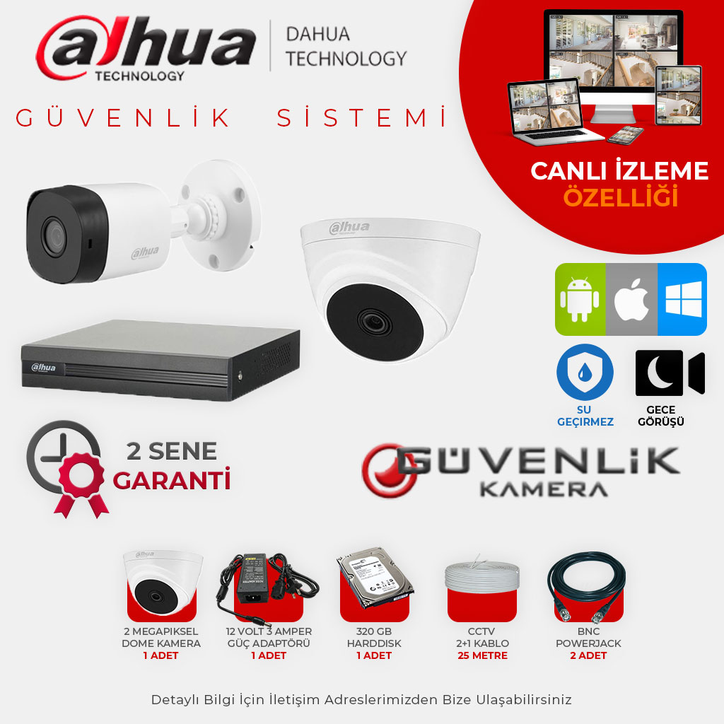 Dahua 2 Kameralı 2 MP Gece Görüşlü AHD Güvenlik Kamerası Sistemi
